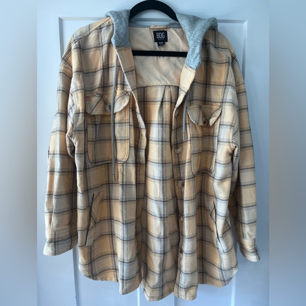 BDG Beige Plaid Utility Jacket with Gray Hood